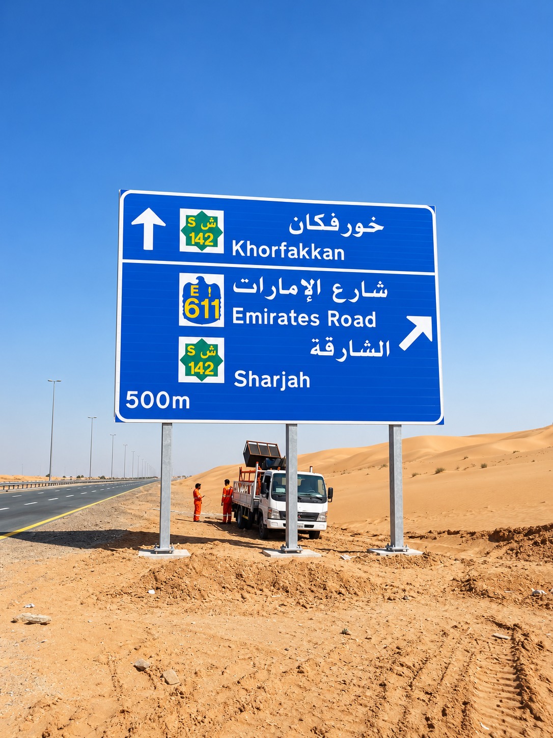 Destination Signs image 06 — Khorfakkan / Emirates Road / Sharjah 500m advance direction sign