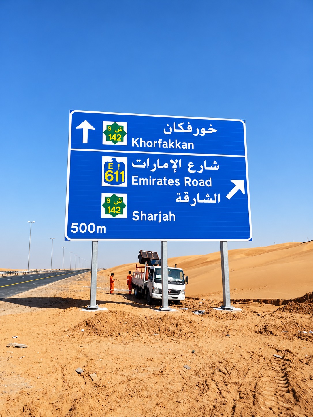Destination Signs image 08 — Khorfakkan / Emirates Road / Sharjah 500m sign alternate view