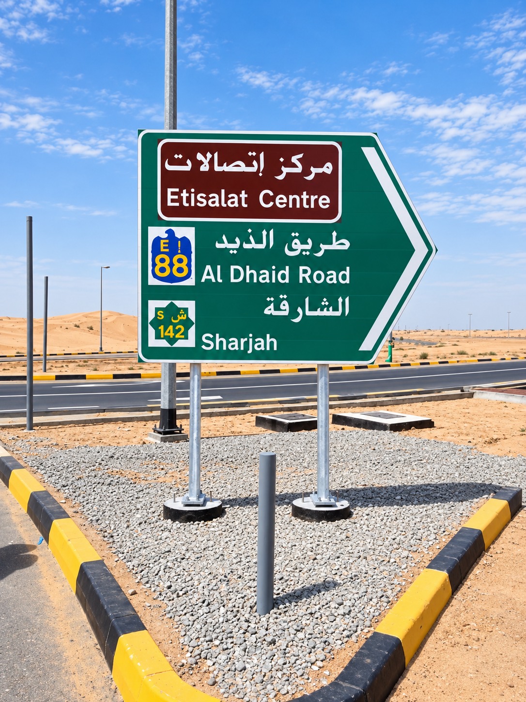 Destination Signs image 13 — Etisalat Centre / Al Dhaid Road / Sharjah green sign alternate view