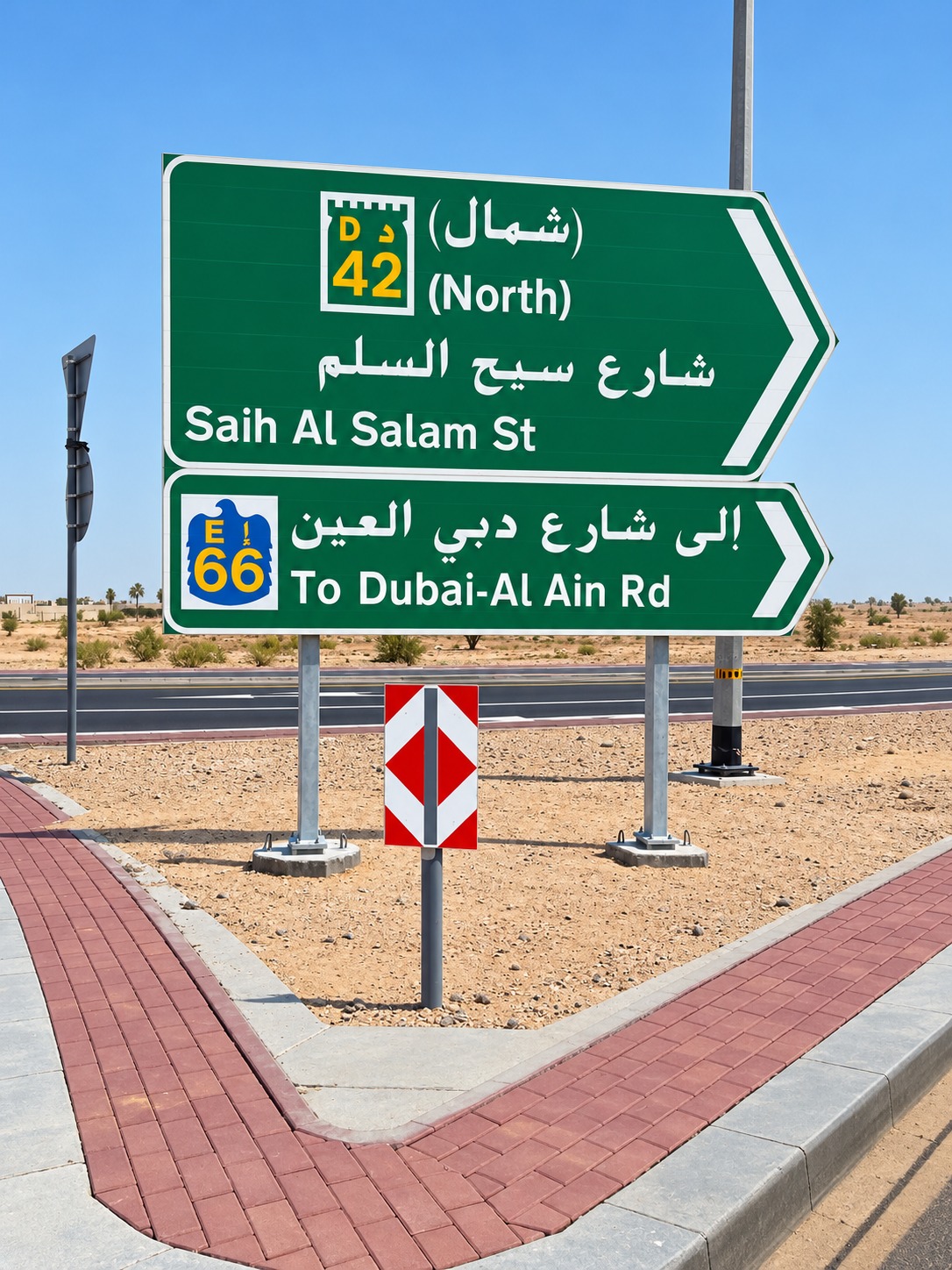 Destination Signs image 14 — Saih Al Salam North and To Dubai-Al Ain Rd stacked green signs