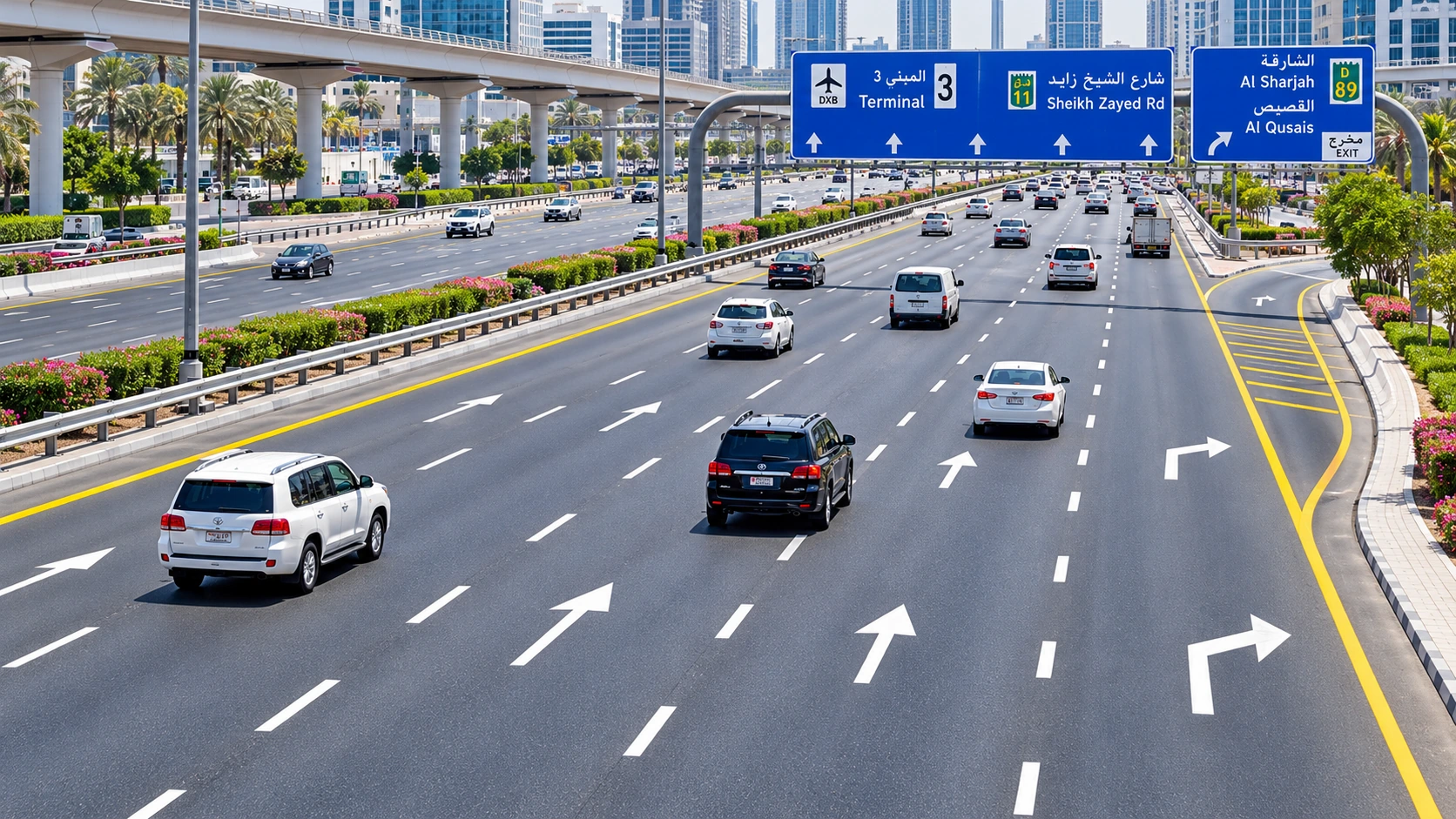 Dubai multi-lane road with overhead direction signs