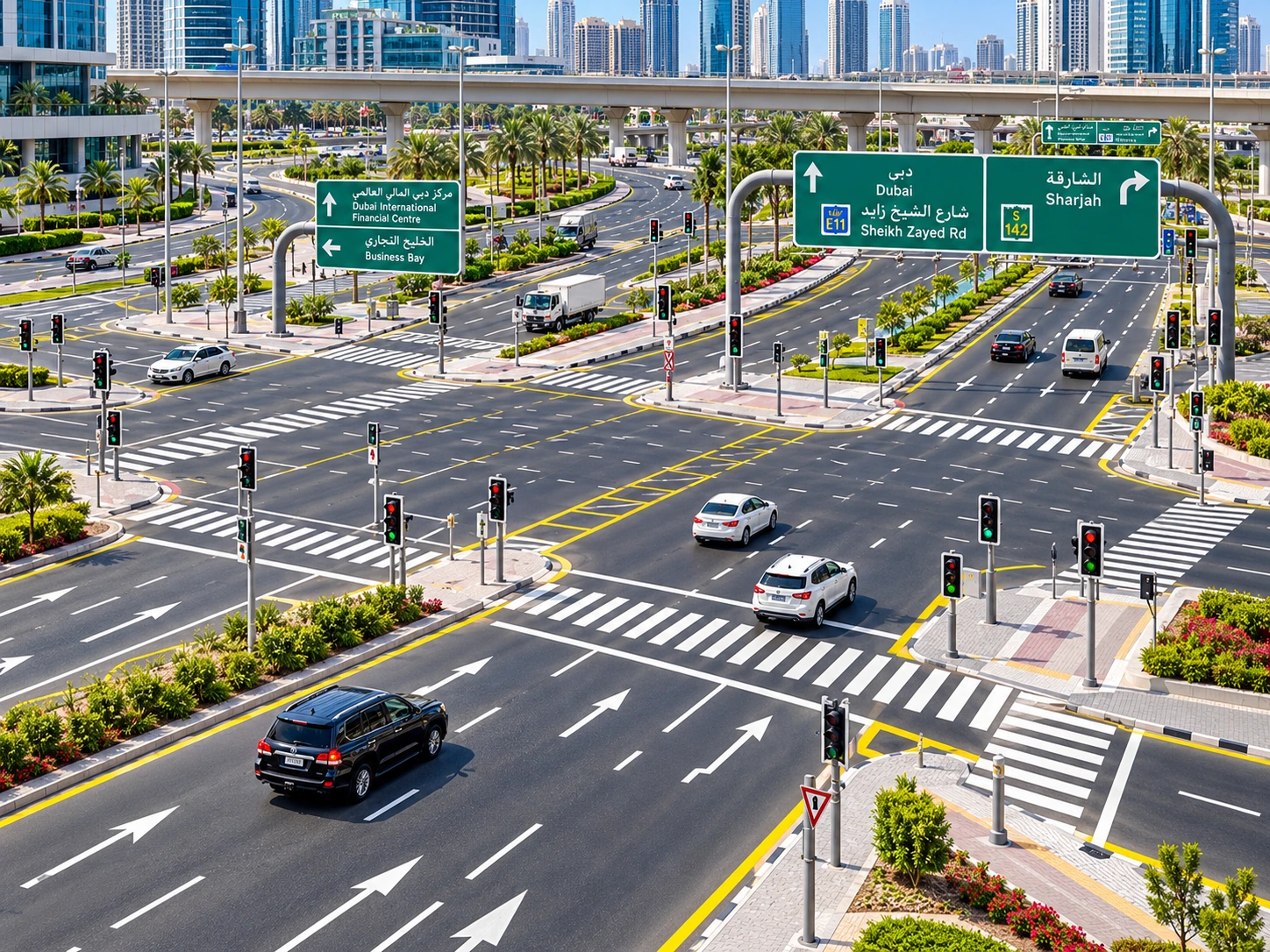 Dubai intersection with overhead green directional signs