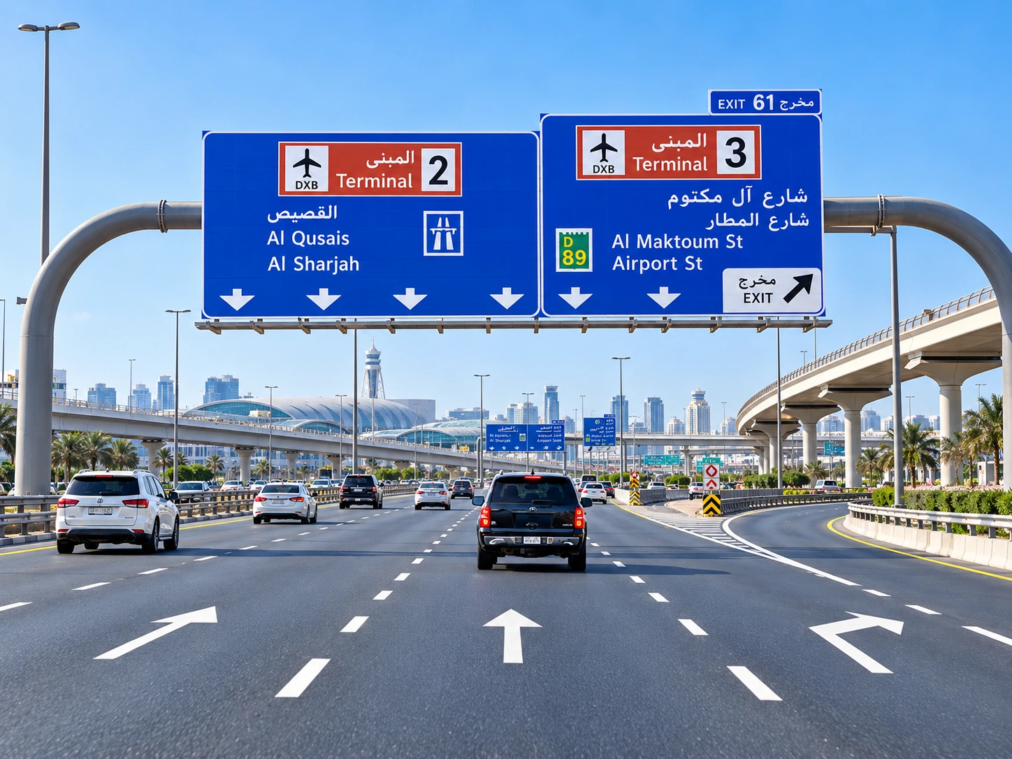 Dubai multi-lane road with blue overhead gantries