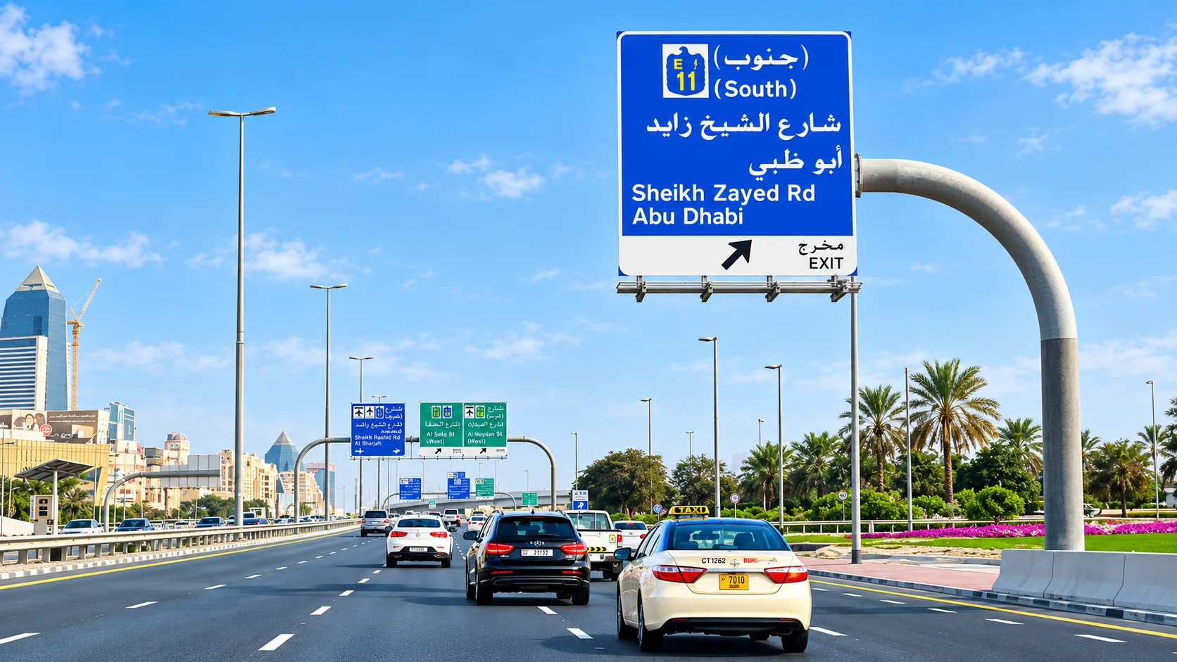 Single blue directional cantilever sign in city, illustrative capability imagery only