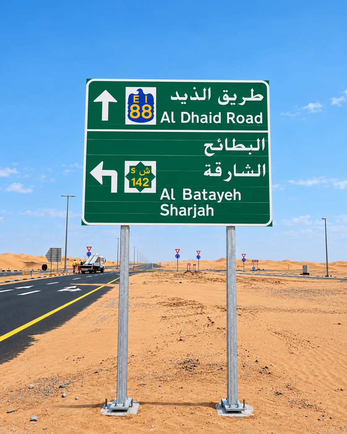 Ground-mounted green direction sign