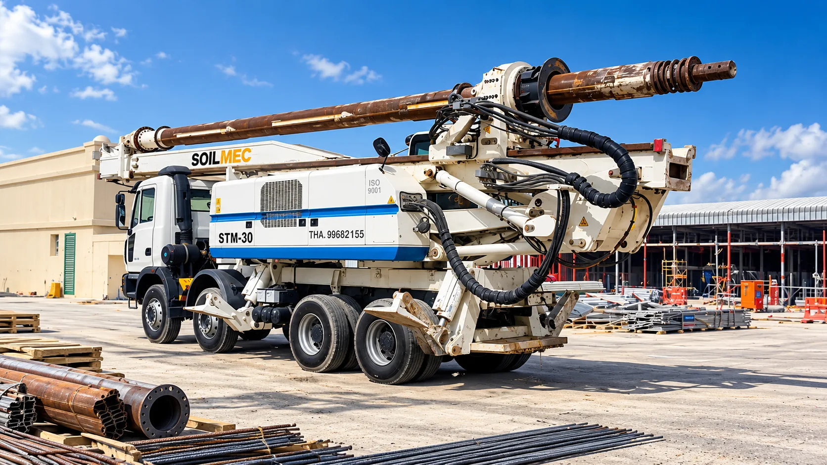 Truck-mounted drilling unit in yard