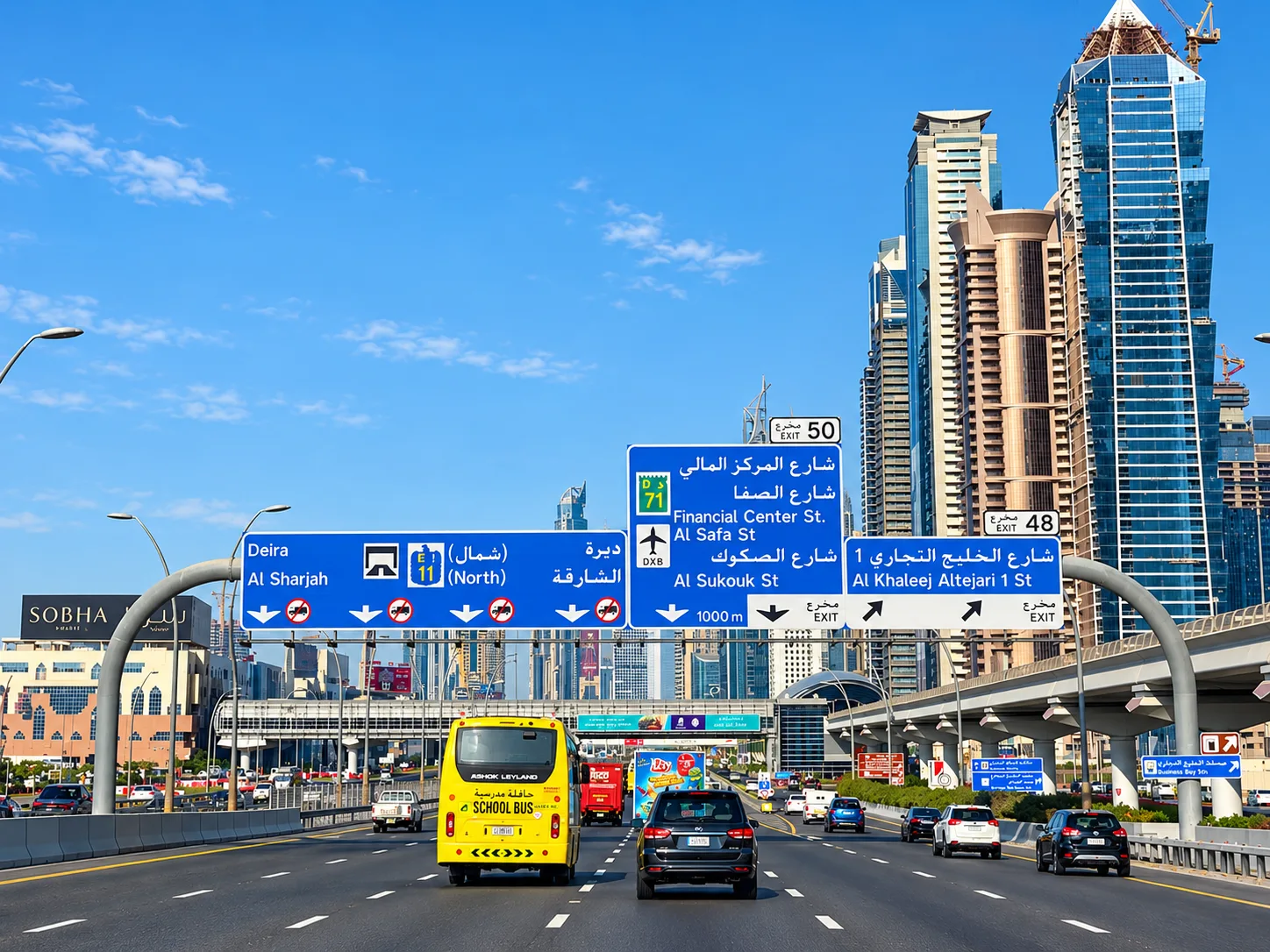 Downtown blue highway overhead gantry signs, illustrative capability imagery only