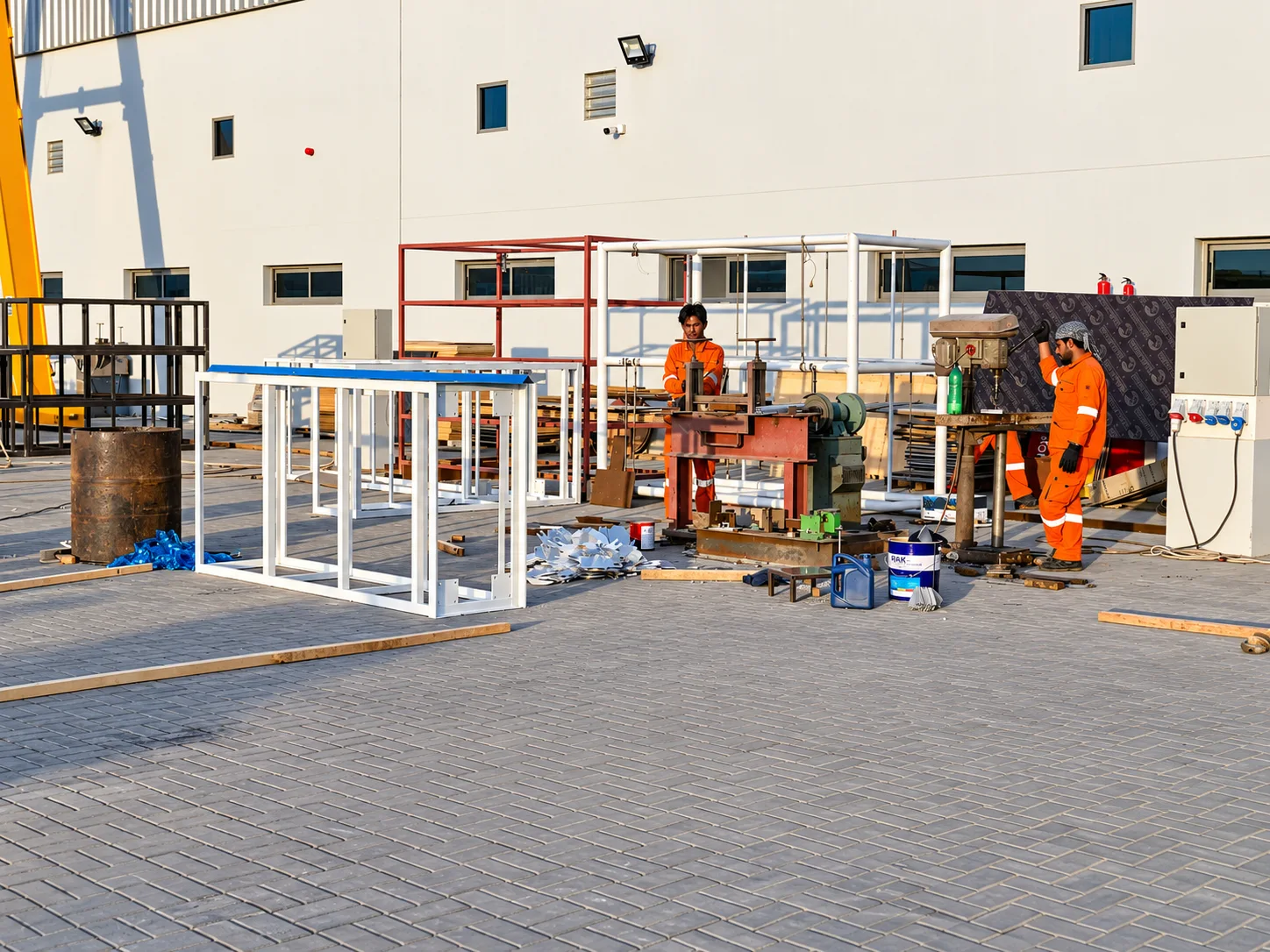 Amalgam workers and steel assembly at workshop