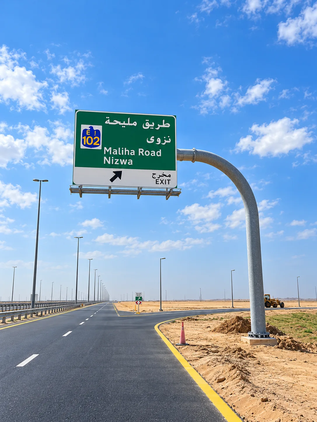 Blue overhead sign on curved pole, empty desert highway, illustrative capability imagery only