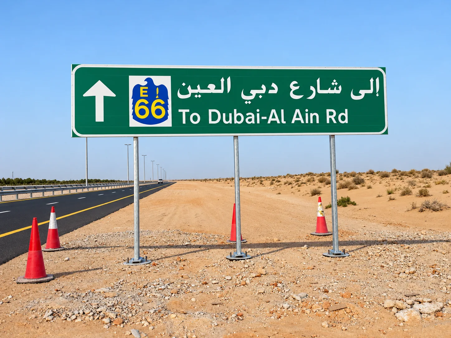 To Dubai-Al Ain Road green road sign on poles, illustrative capability imagery only