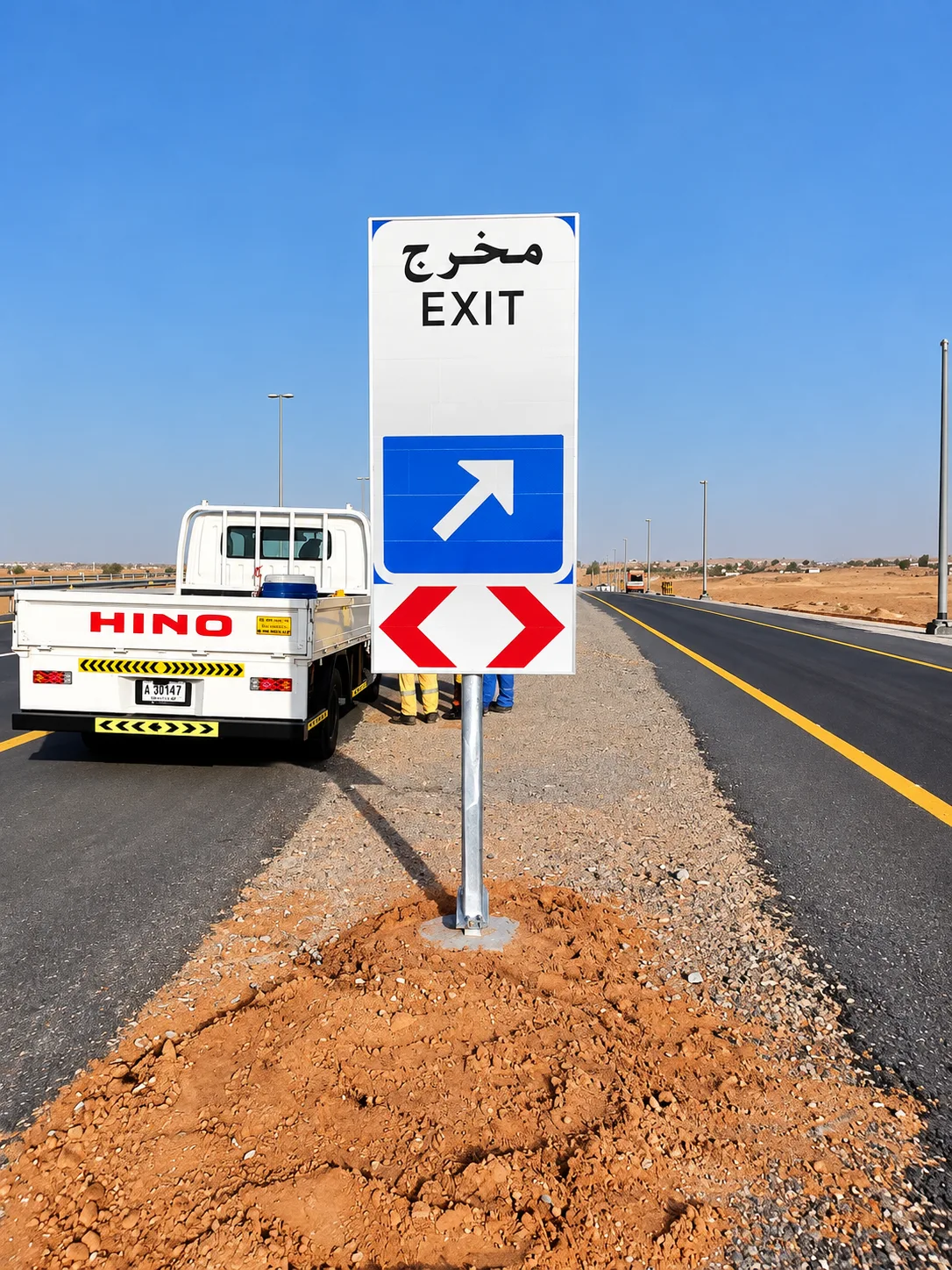 Exit marker sign beside roadworks vehicles, illustrative capability imagery only