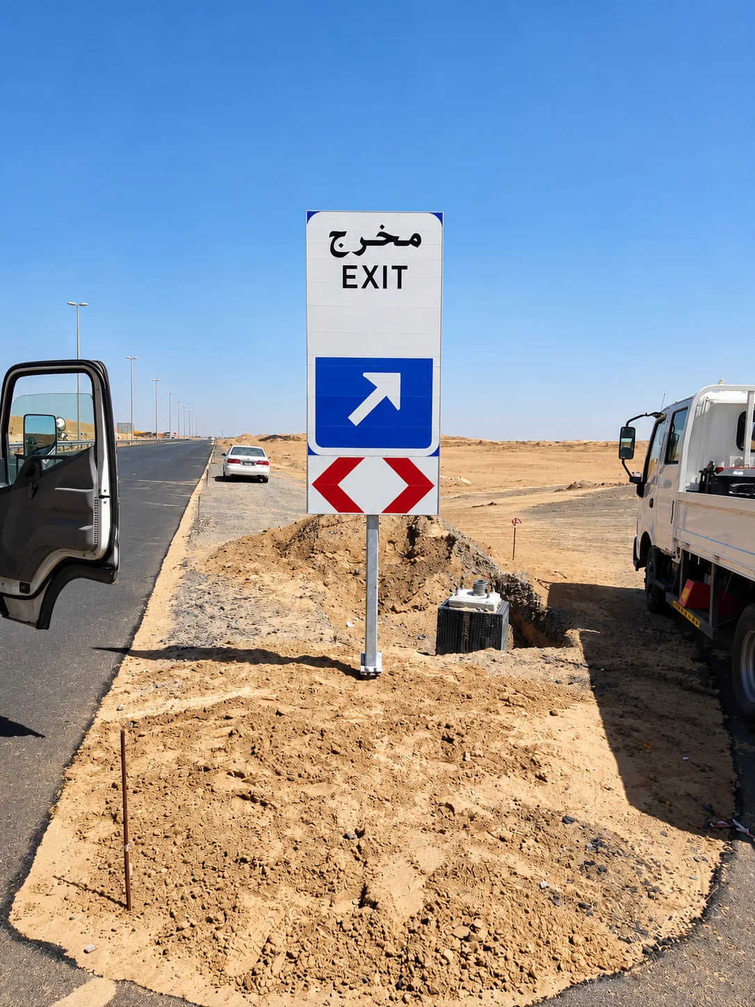 Roadside EXIT marker beside work equipment, illustrative capability imagery only