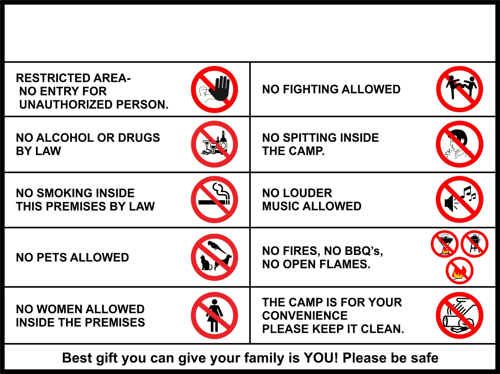 Safety Signs image 06 — Camp or premises restriction and prohibition rules board